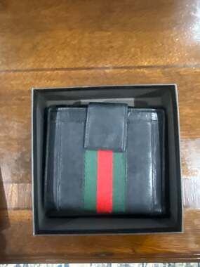 Gucci Vintage Black Leather Web Stripe French Purse Wallet with Studded Strap